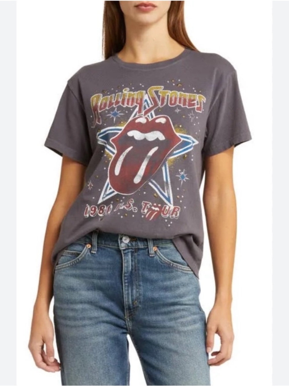Lucky Brand Rolling Stones US Tour Retro Graphic/Studded T-shirt Gray Women's L